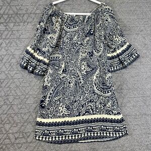 Umgee USA Women's Small Paisley Print Off Shoulder Dress Beige Blue‎